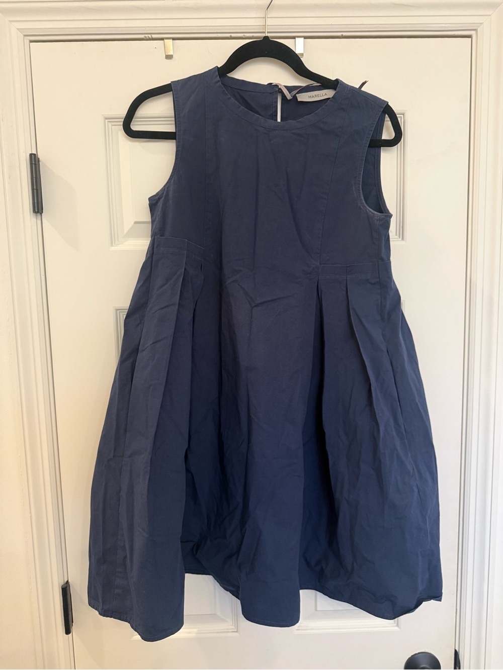 Marella Poplin Pleated Flare Sleeveless Tank Mini Dress Navy Blue 34 US 4